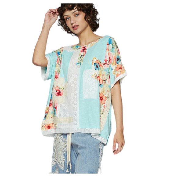 #394-POL Floral Lace Patchwork Top-Aqua S/M/L NIP POL SHORT SLEEVE PATCH - Picture 5 of 5